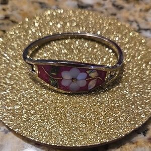 Vintage 925 Sterling Silver Pink Enamel Abalone Shell Cuff Mexico Approx 6"